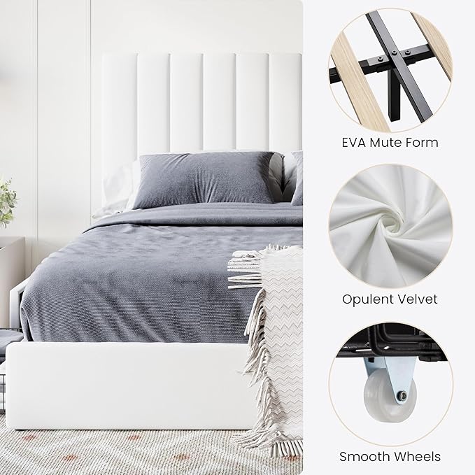 SHA CERLIN Full Size Platform Bed Frame with 4 Storage Drawers, Vertical Channel Tufted Adjustable Headboard, Velvet Upholstered, Wooden Slats Support, No Box Spring Needed, Easy Assembly, White