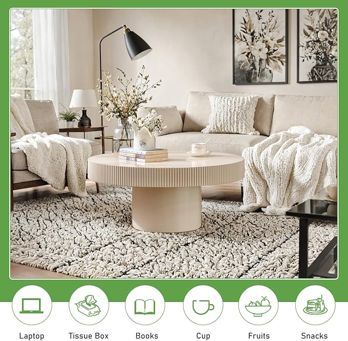 Round Coffee Table for Living Room, 30.71'' Modern Handcraft Drum Coffee Table Unique Fluted Coffee Tables Wood Center Table End Table for Small Space, Farmhouse Apartment Office (White Thin)