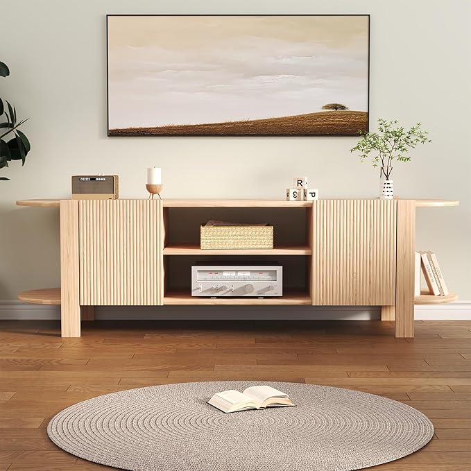 65 Inch TV Stand for Up to 75 inch TVs, Fluted Entertainment Center with Adjustable Shelve, Curved Round Corner TV Console Table with Storage Cabinet for Living Room, Bed Room (Natrual Wood)
