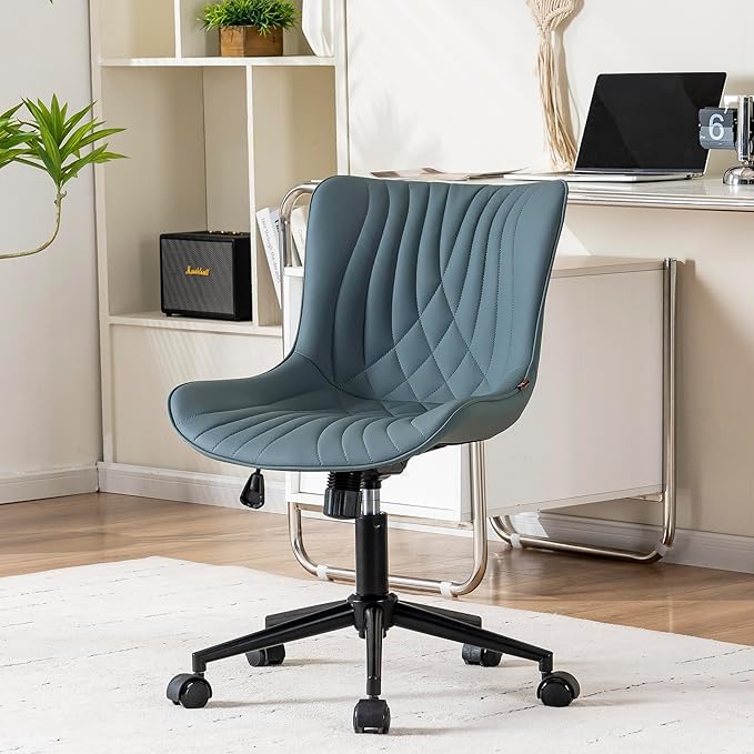 YOUNIKE Office Chair Armless Desk Chair with Wheels, Home Office Computer Task Chair, Modern Faux Leather Upholstered Vanity Chair, Adjustable Swivel Rolling Office Chairs, Slate Blue