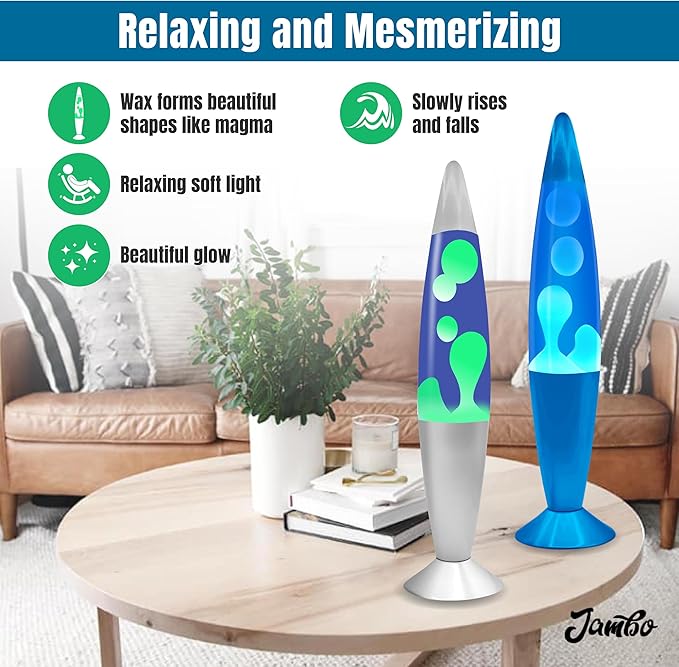 JAMBO 2 Pack- 16" Beautiful Lamp- Silver with Yellow/Green Wax and Blue with Blue/White Wax, Relaxing Liquid Lamp, Night Light Nightlight, Lamps for Adults Teens Kid