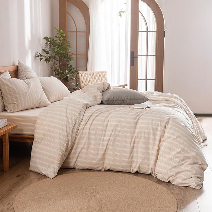 BESTOUCH Duvet Cover Set 100% Washed Cotton Linen Feel Super Soft Comfortable Chic Lightweight 3 PCs Home Bedding Set Almond Grey & White Stripes King