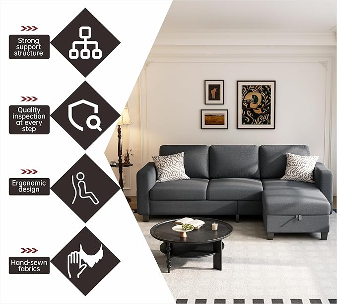 Youmumeub 79''Sectional Couch Couches for Living Room - L-Shaped 4-Seater Deep Sectional Sofa,Removable Covers,Suitable for The Living Room, Apartment or Office-Dark Gray