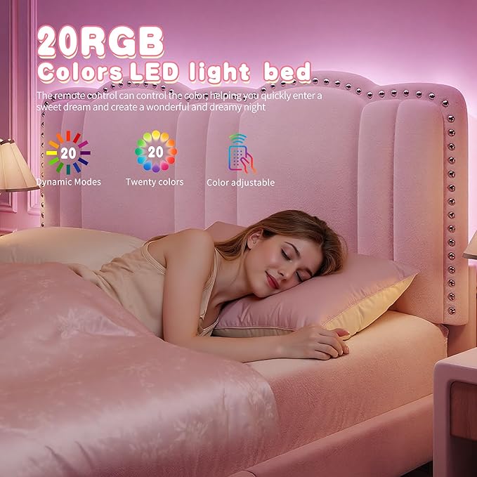 EnHomee Twin Bed Frame with Velvet Cloud Headboard, Storage Drawer and LED, Headboard Height Adjustable, Strong Support, No Box Spring Needed, Easy Assembly, Pink