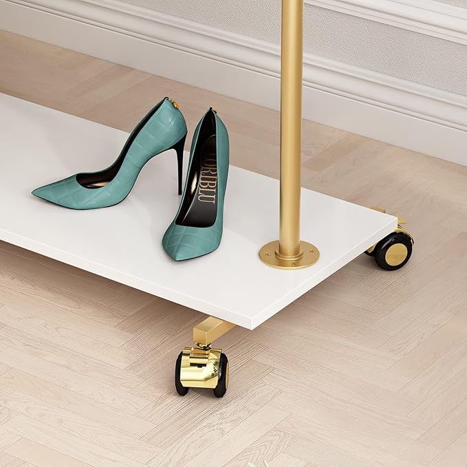 Gold Metal Clothing Rack with Wood Shelf, Heavy Duty Rolling Garment Rack with Wheels for Bedroom Retail Boutique Use (37.4L inches)