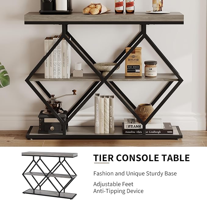 Garvee 3-Tier Entryway Table, Industrial Console Sofa Table with Storage, Accent Table with Open Shelves, Diamond-Shaped Metal Frame, Foyer Table for Entryway, Hallway, Gray