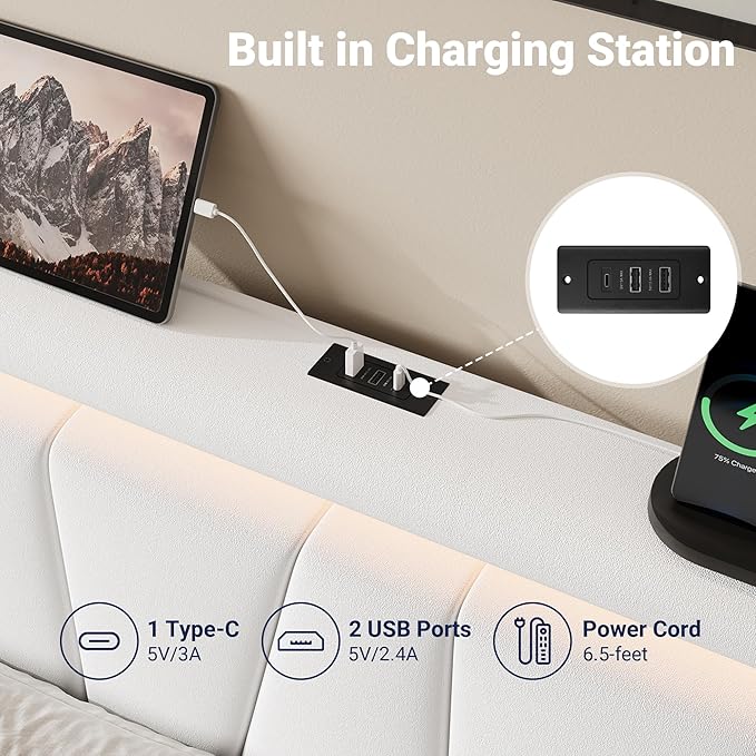 Allewie Full Size LED Bed Frame with Charging Station, Velvet Upholstered Platform Bed with Geometric Wingback Headboard, Modern Frame with No Box Spring Needed, Easy Assembly, White