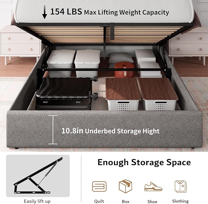 iPormis Full Size Lift Up Storage Bed Frame with Charging Station, Upholstered Platform Bed Frame with Tufted Headboard, Hydraulic Storage, No Box Spring Needed, Noise-Free, Easy Assembly, Light Grey