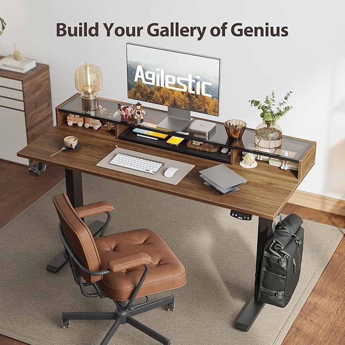Agilestic Glass Standing Desk with Storage, 48 Inch Electric Adjustable Desk with Glass Shelf and Cable Management, Sit Stand Up Home Office Computer Table, Splice Board, Dark Walnut