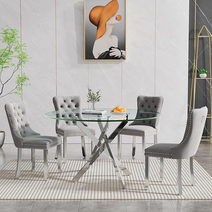 Goujxcy Round Dining Table Set for 4, Modern Glass Kitchen Table and Chairs Set of 4, 5-Piece Dining Room Table Set w/47 Circle Silver Glass Dining Table and 4 Upholstered Velvet Chairs