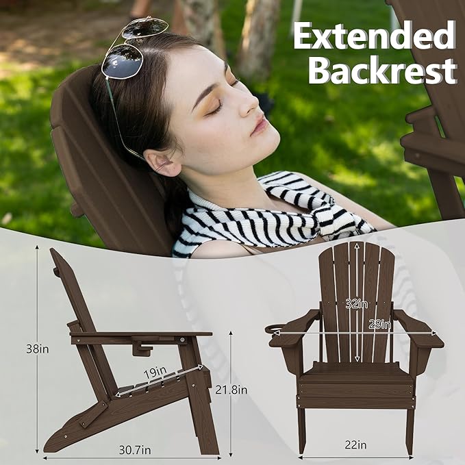 Plawdlik Folding Adirondack Chair Set of 2, Cup Holder，Wooden Textured ，Heavy All-Weather HDPE Comfortable Set Poolside Backyard Lawn Coffee