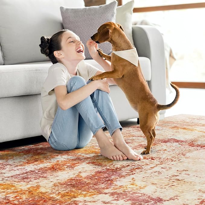 Area Rug Living Room Rugs - 5x7 Washable Modern Neutral Abstract Rugs Soft Low Pile No Slip Stain Resistant Rug Indoor Large Carpet for Bedroom Dining Room Nursery Room Home - Pink/Orange