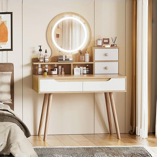 Ball & Cast 31.5" Vanity Desk with 3 Adjustable Lighted Mirror and Solid Wood Table Feet,MakeupDressing Table Set w/ 4 Drawers & 3 Open Shelves, for Small Space Bedroom Office,Nature