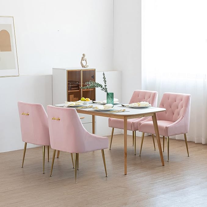 Modern Dining Chairs Set of 2, Mid Century Dining Chairs with 5.12” Cushions and Golden Legs, Velvet Upholstered with Back Pull Rod, for Kitchen, Living Room (Pink)
