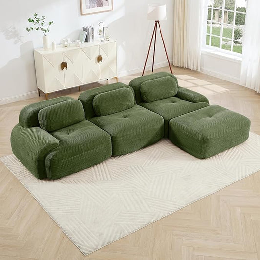 116" Modern Corduroy Cloud Sofa with Ottoman, L Shaped Boneless Modular Large Sectional Couches for Living Room, Green 3 Seater Compressed Memory Foam Couch, Extra Deep Seat, No Assembly