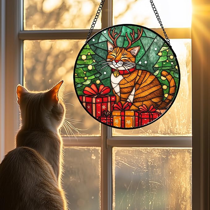 Stained Glass Window Hanging Orange Cat Elk Antler 9.8" - Suncatcher Door Garden Kitchen Sun Catcher Home Decor Birthday Gifts for Lost Pets Mom Men Woman Friend Grandma