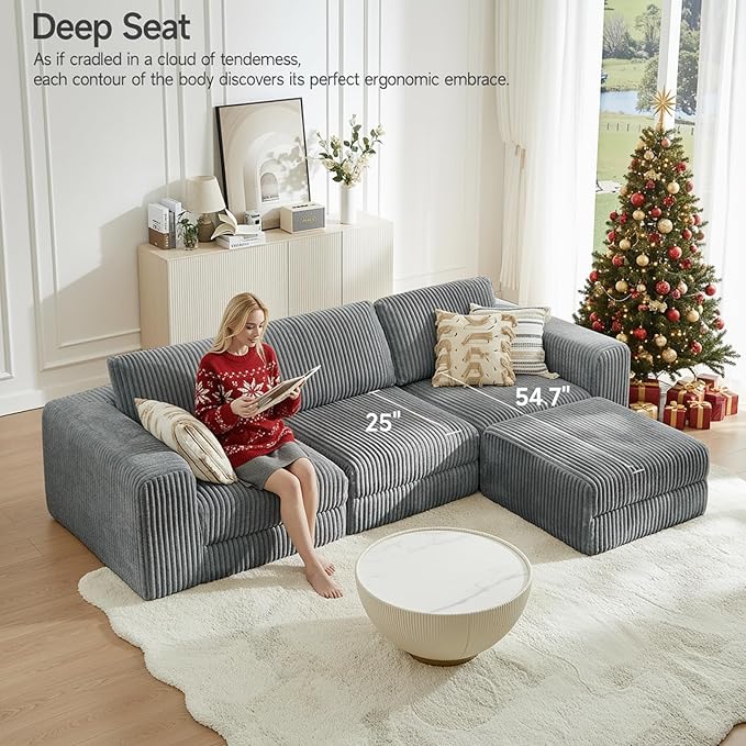 ONBRILL 110" Modular Sectional Sofa, L Shaped Couch 4 Seater with Sleeper Chaise, Sectional Couch with Deep Seat,Upholstered Corduroy Cloud Couches for Living Room,Bedroom,No Assembly Required,Grey