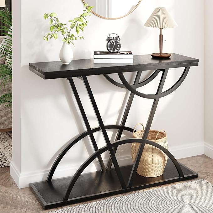 43" Console Table, Industrial Entryway Table with Storage Shelf, Narrow Wood Sofa Table with Metal Frame for Living Room, Hallway, Foyer, Entrance, Black