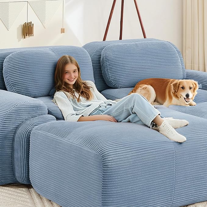 116" Modern Corduroy Cloud Sofa with Ottoman, L Shaped Boneless Modular Large Sectional Couches for Living Room, Blue 3 Seater Compressed Memory Foam Couch, Extra Deep Seat, No Assembly