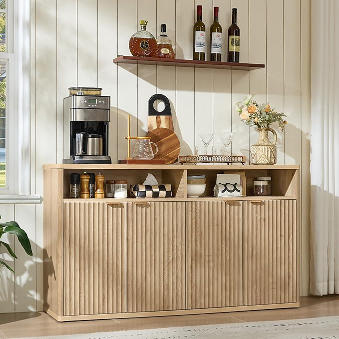 LEYAOYAO Fluted Buffet Cabinet with Storage, 55" Wide Wood Sideboard Credenza with 4 Doors & Open Storage Shelf, Kitchen Entryway Accent Table, Modern Console Cabinets for Dining Room, Natural Oak