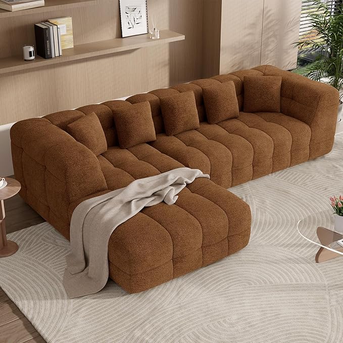 107" Boneless Couch with L - Shaped Chaise, Modern Chenille Modular Sectional Sofa with Tufted Design, Comfy Upholstered Sofa, No - Assembly Sectional Couch, Brown