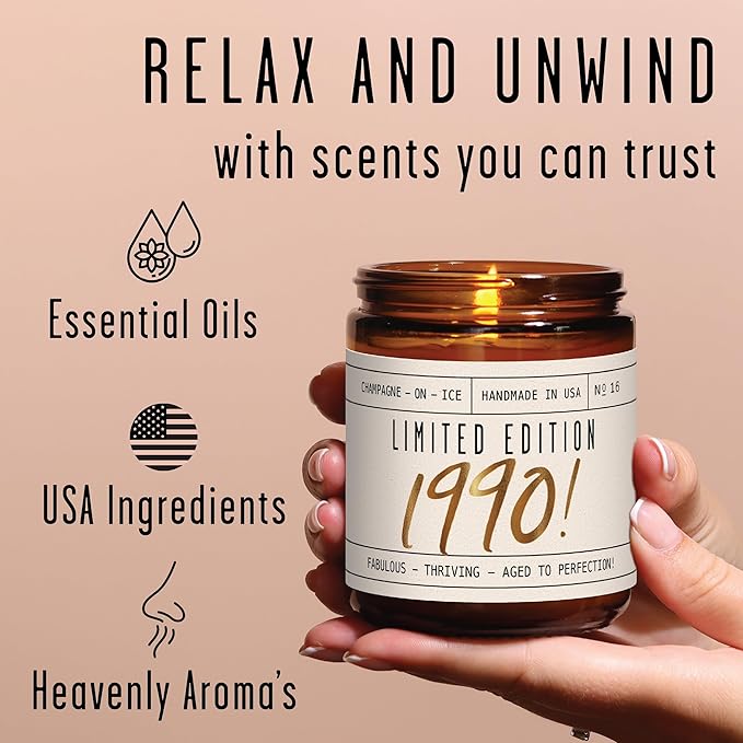 35th Birthday Gifts for Women - 'Limited Edition 1990' Soy Candle, w/Champagne on Ice I 35 Birthday Gifts for Women I 35th Gift for Her Ideas I 9oz Reusable Jar, 50Hr Burn, Made in USA