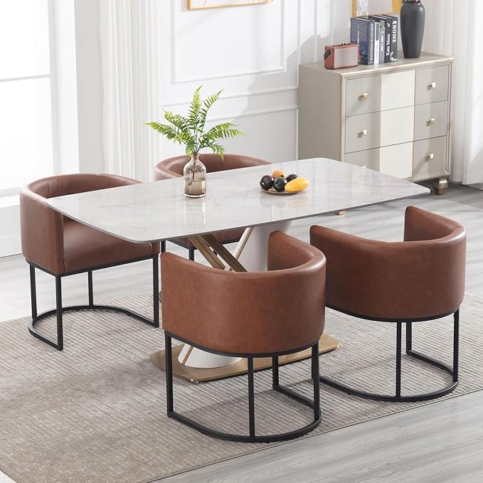 Faux Leather Dining Chairs Set of 6 Modern Barrel Arm Chairs with Black Metal Frame, Upholstered Kitchen Chairs 18.5" Wide Accent Chairs for Living Room Dining Room Restaurant, Brown