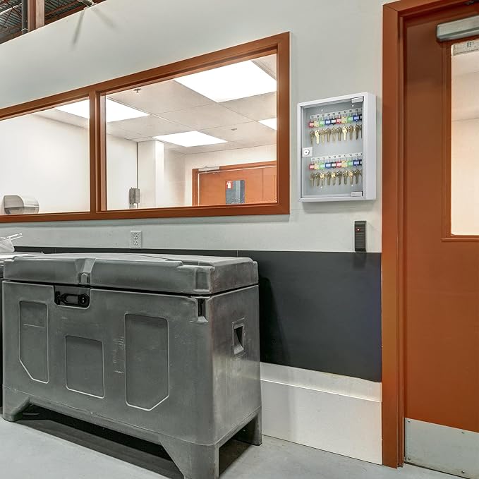 Barska Key Lock Box with Glass Door – Wall Mount Steel Key Cabinet Organizer with Labeled Hooks and Colored Key Tags for Home, Office, Property Management