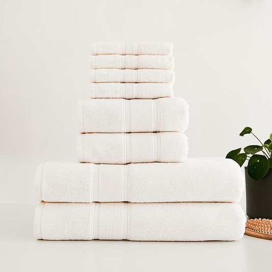 Luzia 8 Piece Bathroom Towel Set - 100% Turkish Cotton, Premium Quality - 2 Bath Towels 2 Hand Towels and 4 Washcloths (Ivory)