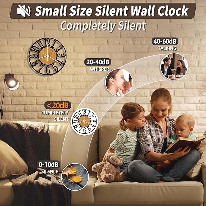 Maxstar Wall Clock Battery Operated,Silent Non-Ticking Modern Rustic Metal Round Clocks Small for Living Room/Bedroom/Office/Kitchen/Farmhouse Home Decor-10 Inch(Yellow-Wood)