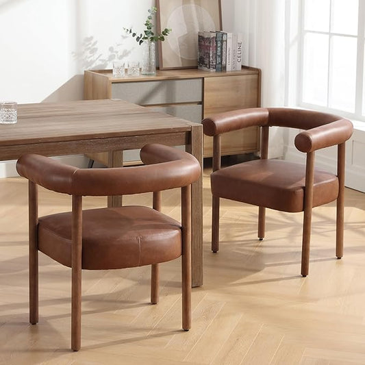 PU Leather Dining Chairs Set of 2, Modern Upholstered Dining Chairs, Curved Backrest Kitchen Dining Room Chairs Accent Chairs Arm Chairs with Natural Wood Legs, Brown