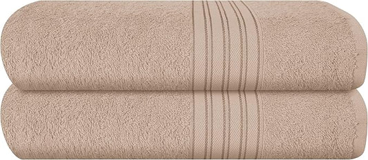 BOUTIQUO 100% Cotton 2 Pack Bath Towel Set 28x55 inches, Eco-Friendly Large Bath Towels, Compact Quickdry Lightweight Soft & Highly Absorbent Bath Towel, Ideal for Everyday Gym Travel Camp Pool - Tan