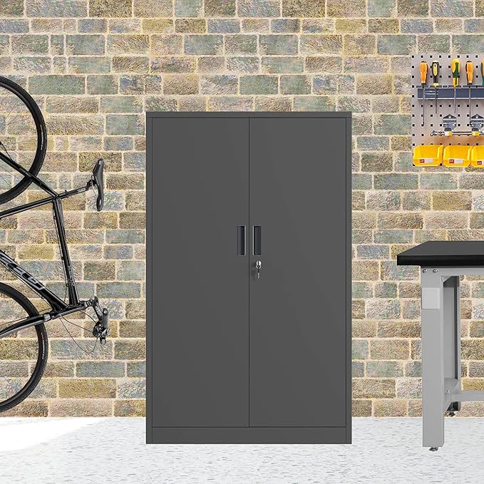 Metal Storage Cabinet with Locking Doors and 3 Adjustable Shelves, 53.5-Inch Lockable Storage Cabinets for Home Office Garage Kitchen Pantry (Black)