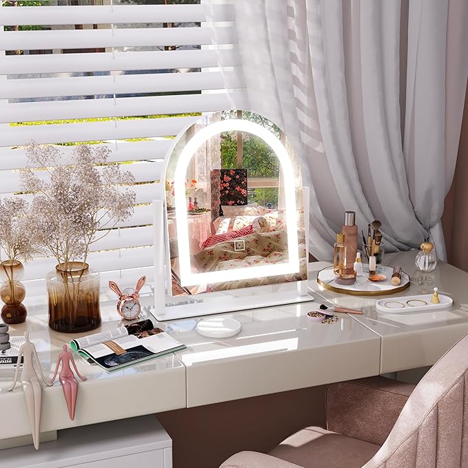 FENNIO Vanity Mirror with Lights 15"x13" Makeup Mirror with Lights, Lighted Makeup Mirror Touch Screen with 3-Color Lighting, 10X Magnification, Dimmable, for Vanity Desk Tabletop(White)