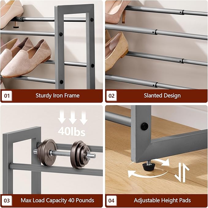 FAVOOSTY 3-Tier Expandable Shoe Rack, Adjustable Shoe Shelf Storage Organizer Space Saving Metal Free Standing Shoe Rack for Entryway Closet Doorway, Silver Grey