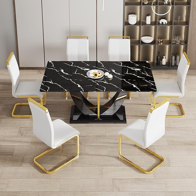 71" Dining Table Set for 6, Black Faux Marble Dining Room Table Set for 6, Large Rectangular Kitchen Table Set and PU Leather Chairs,Tempered Glass Glossy Table with Golden Leg