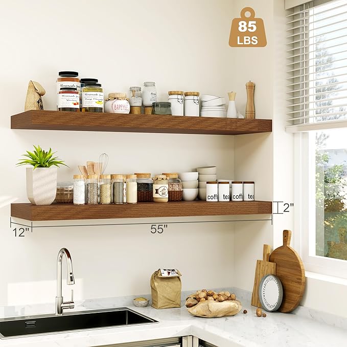 Heimlove 12" Deep Floating Shelves for Wall Shelf Over Toilet Mounted Farmhouse Long 55 inches Set of 1, Farmhouse Shelves with Invisible Brackets for Living Room, Kitchen, Bedroom,Walnut