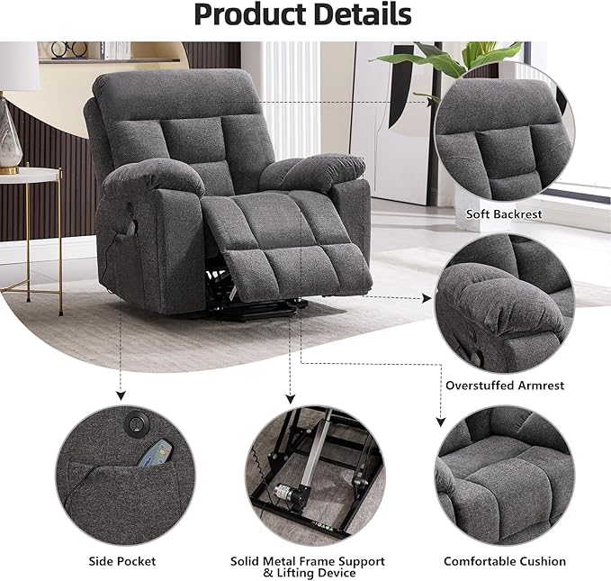 CANMOV Large Power Lift Recliner Chair with Massage and Heat for Elderly Big and Tall People, Overstuffed Wide Recliners with 2 Cup Holders, Side Pocket and USB Port, Dark Grey