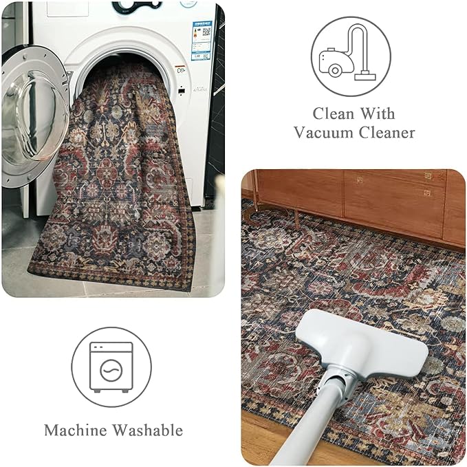 RUGSURE Washable Area Rugs - Perfect for Living Room, Bedroom, Kids Room, Nursery - Stain & Water Resistant Non-Slip, Pet & Child Friendly, Vintage Tribal Area Rugs (Rust, 4' x 6')