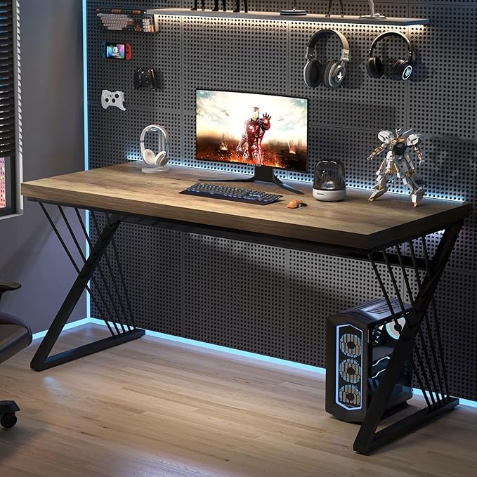 FOLUBAN Modern Home Office Desk, Wood and Metal Computer Desk, Industrial Study Writing Work Table for Bedroom Living Room, Oak, 60 Inch