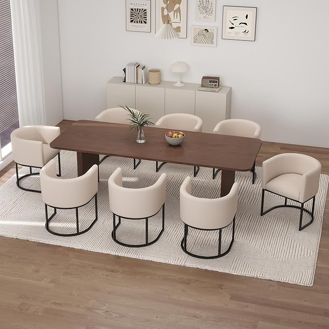 Linen Fabric Dining Chairs Set of 8 Modern Barrel Arm Chairs with Black Frame Upholstered Kitchen Chairs 18.5" Wide Accent Chairs for Living Room Dining Room Restaurant, Cream