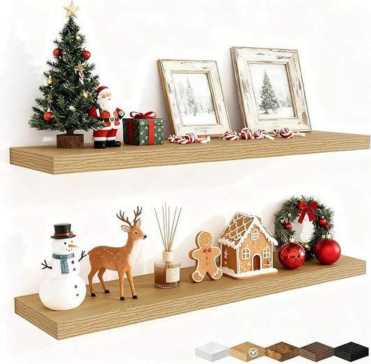 Fun Memories 40 Inch Deep Floating Shelves for Wall, 2 Pack of Wall Mounted Wood Shelves with Invisible Brackets for Bathroom, Bedroom, Kitchen Decor and Storage, Oak