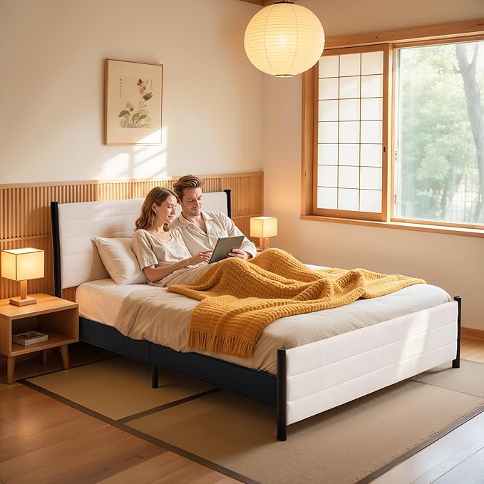 Hokway Bed Frame Upholstered Platform Bed with Headboard Wooden Slat Support No Box Spring Needed(Full, Beige)