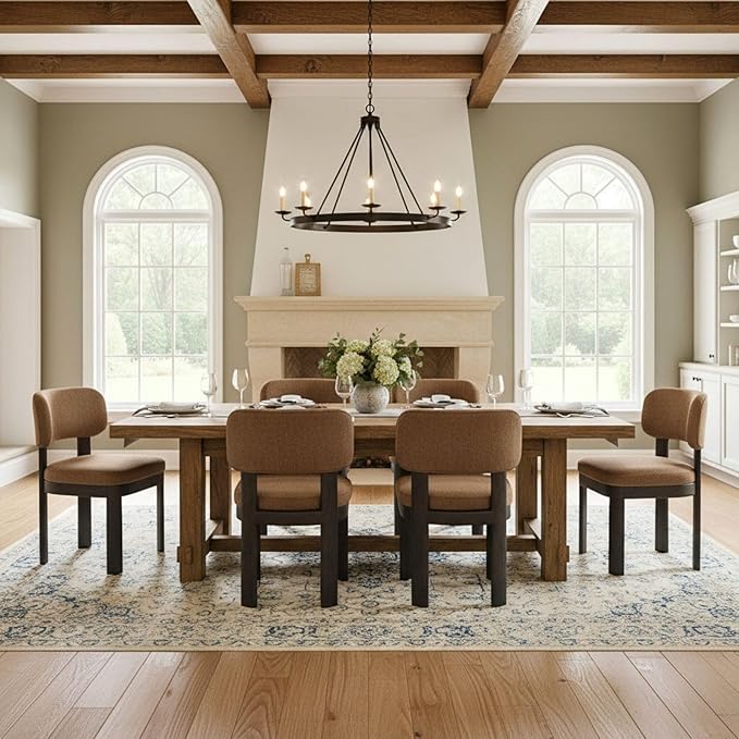 Modern Brown Upholstered Dining Chairs Set of 6 Wooden Side Chairs with Curved Backrest and Black Legs for Kitchen Island, Dining Room