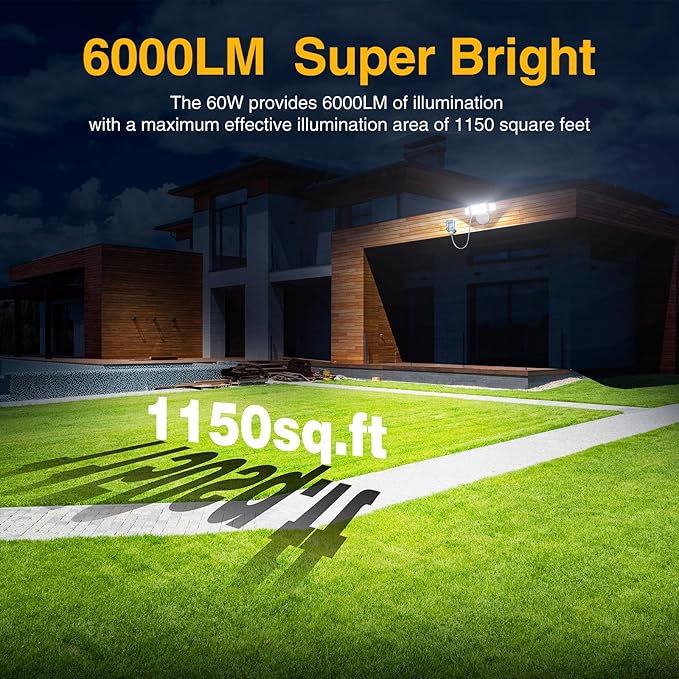 Onforu 60W Plug in Flood Light,6000 LM Dusk to Dawn Outdoor Lighting,White Outdoor Lights with Remote,IP65 Waterproof Security Lights,2Modes 3 Adjustable Heads Light for Garage Yard
