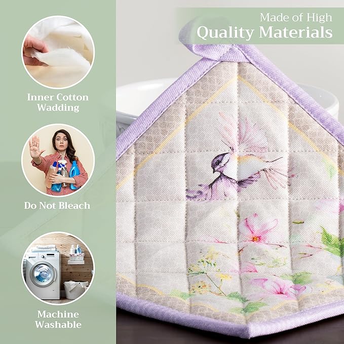 Maison d' Hermine Pot Holders Set 100% Cotton Heat Resistant Potholders 8" x 8" Hot Pads with Loop BBQ, Cooking, Grilling, Kitchen, Handling Hot Pans Spring/Summer (Pack of 2, Magnolia Mornings)