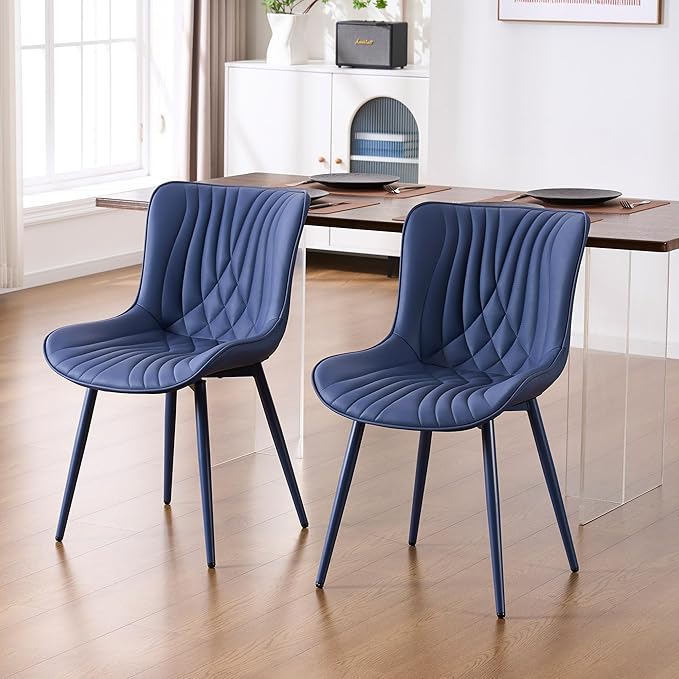 YOUTASTE Navy Blue Dining Chairs Set of 2, Mid Century Modern Comfy Kitchen Chair, Upholstered Faux Leather, Navy Blue Metal Legs, Armless Accent Chairs for Bedroom Vanity Lounge
