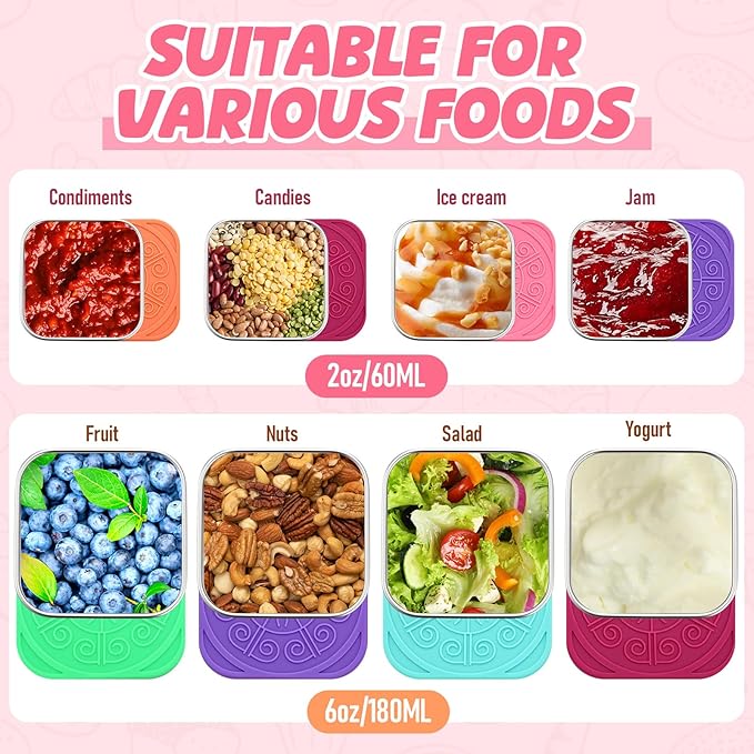 12 Pcs Stainless Steel Snack Containers 6oz & 2oz Easy Open Leak Proof Food Containers with Silicone Lids Reusable 304 Metal Food Box for School Home Picnic (Classic)