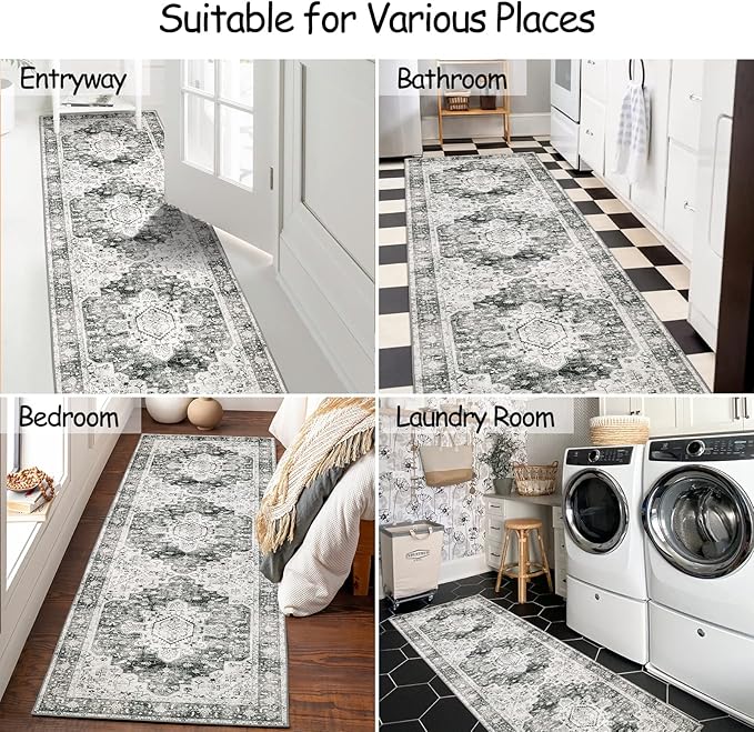 Moynesa Ultra-Thin Washable Gray Hallway Runner Rug - 2'6"x8, Non Slip Non Shedding Pet Friendly Kitchen Bathroom Carpet for Coffee Bar Vanity Entryway