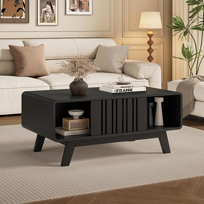 ONBRILL Coffee Table, Mid Century Modern Table with Storage Compartment, Fluted Table with Sliding Cabinet Door, Farmhouse Wood Coffee Table for Living Room (Black)